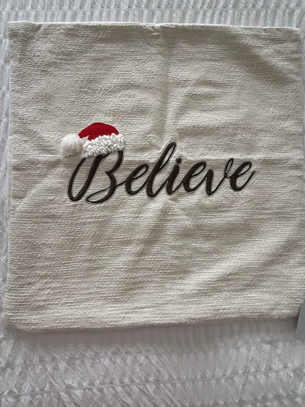 Vibhsa Holiday 'Believe' Embroidered Throw Pillow Cover - Cream with Red Accent